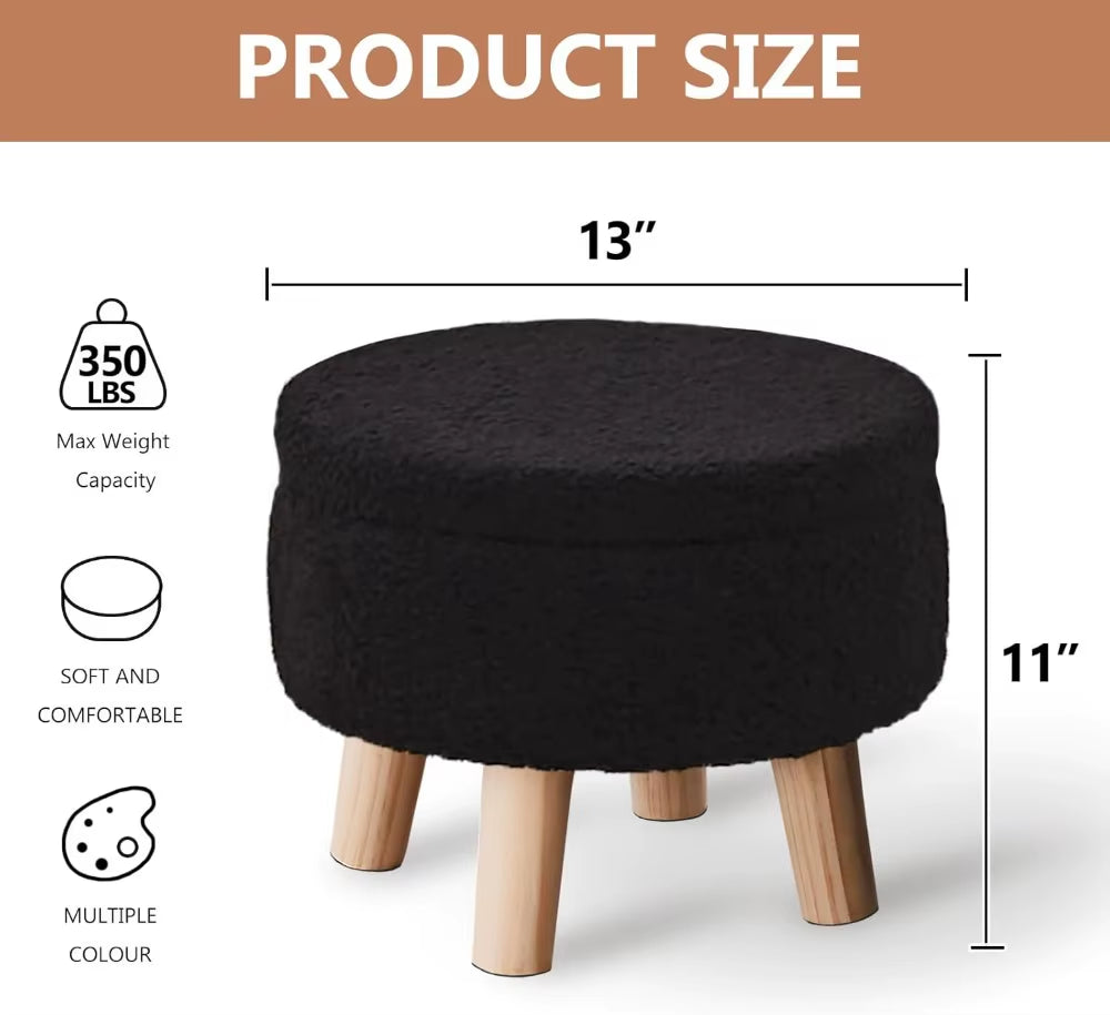 Storage Ottoman, Modern round Footrest with Soft Padded Seat, Teddy Velvet Footstool with Wood Legs