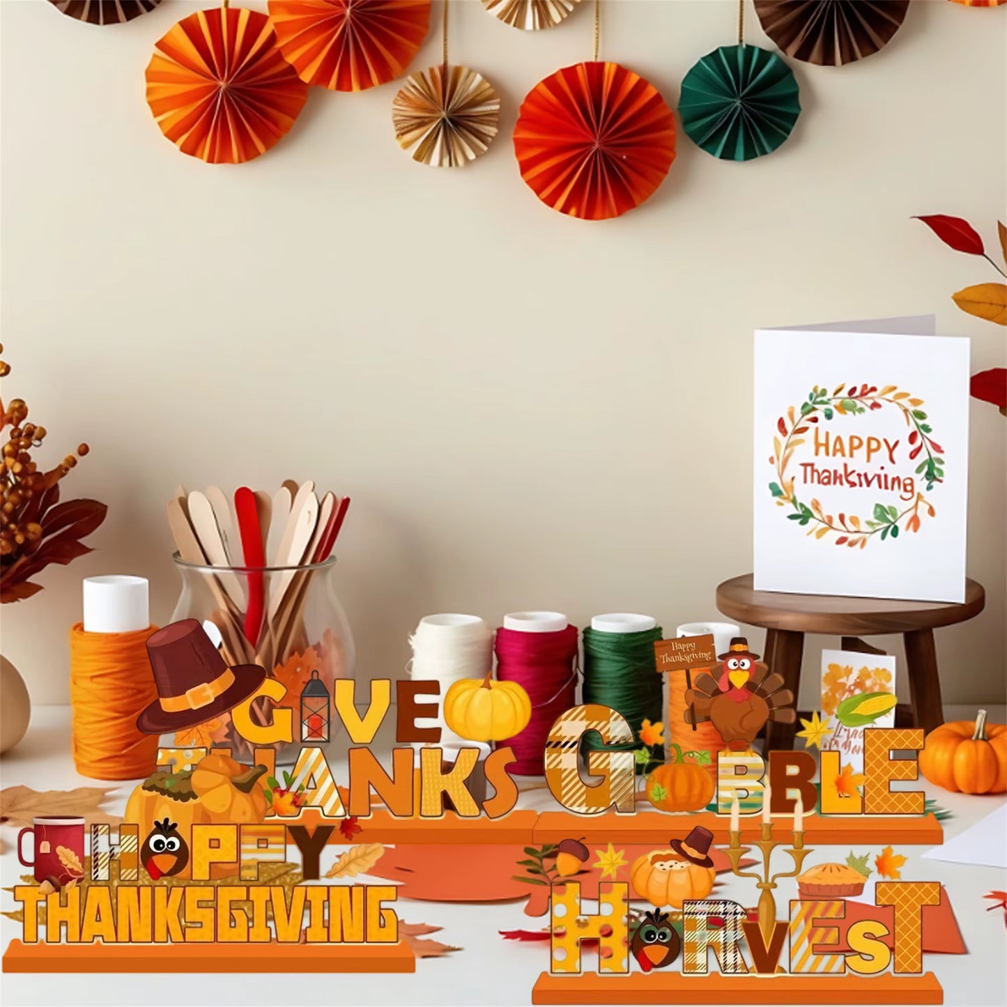 Harvest Pumpkin Centerpiece Fall Table Decor Autumn Thanksgiving Decoration Wooden Desk Ornament Turkey Letters