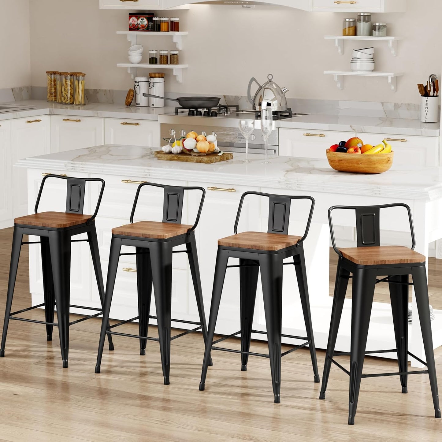 24 Inch Bar Stools Set of 4 Industrial Metal Barstools Counter Height Bar Stool with Backs for Home Kitchen (24 Inch, Black)