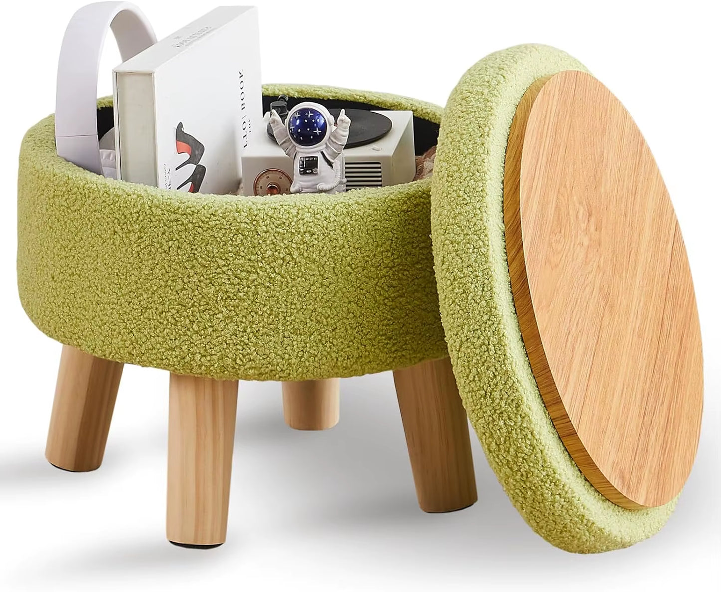 Storage Ottoman, Modern round Footrest with Soft Padded Seat, Teddy Velvet Footstool with Wood Legs