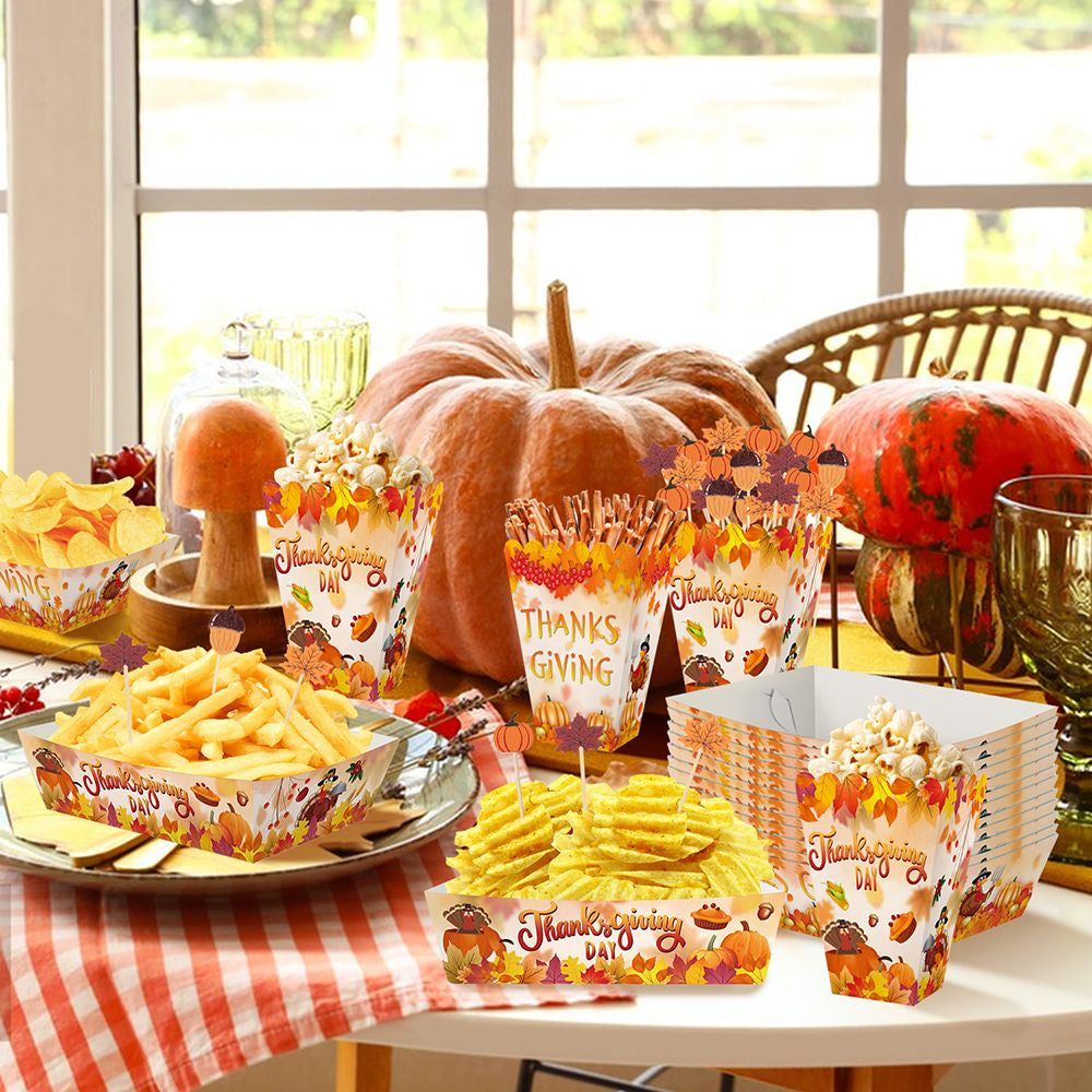 134 Pcs Thanksgiving Party Tableware Set Include Pumpkin Paper Plates Popcorn Boxes Food Trays with Fall Cocktail Picks Disposable Fall Harvest Dinnerware Set for Autumn Holiday Thanksgiving