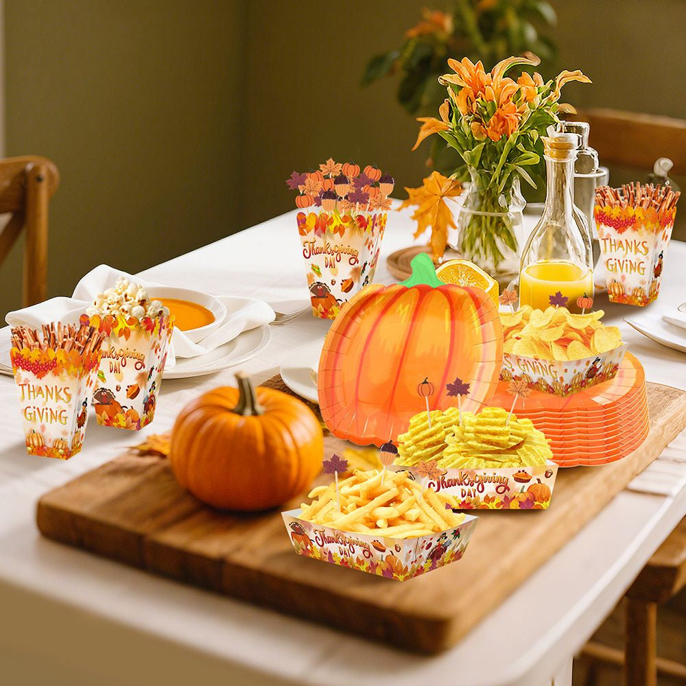134 Pcs Thanksgiving Party Tableware Set Include Pumpkin Paper Plates Popcorn Boxes Food Trays with Fall Cocktail Picks Disposable Fall Harvest Dinnerware Set for Autumn Holiday Thanksgiving