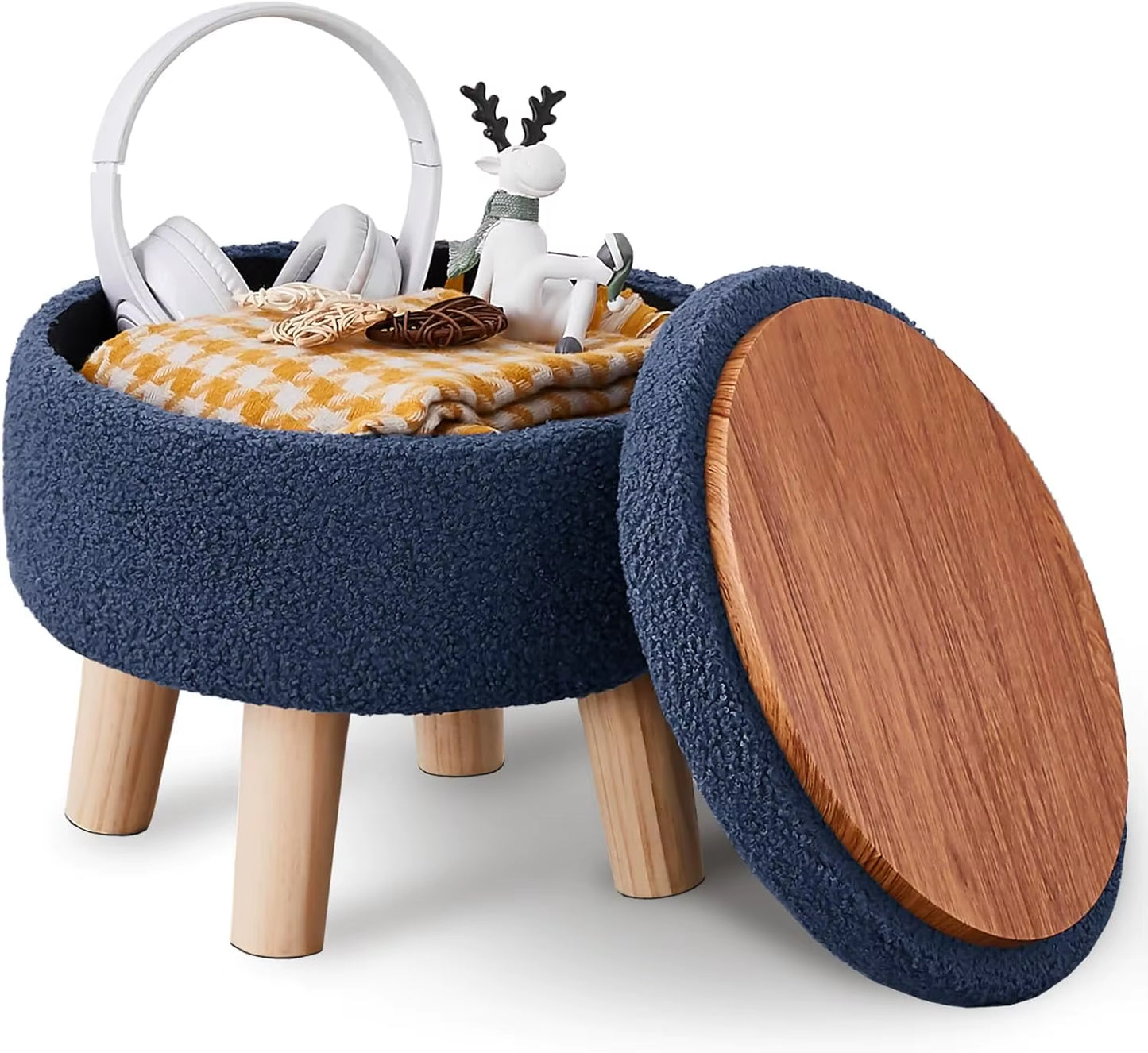 Storage Ottoman, Modern round Footrest with Soft Padded Seat, Teddy Velvet Footstool with Wood Legs