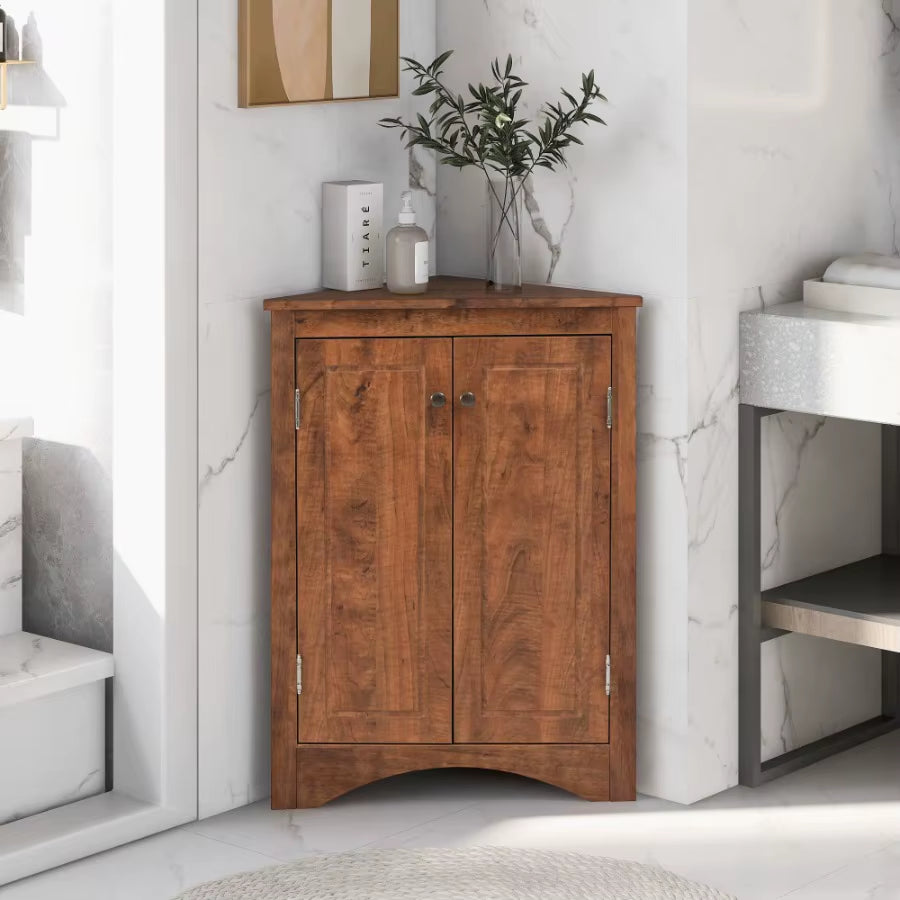 Brown Triangle Bathroom Storage Cabinet with Adjustable Shelves Freestanding Floor Cabinet for Home Kitchen