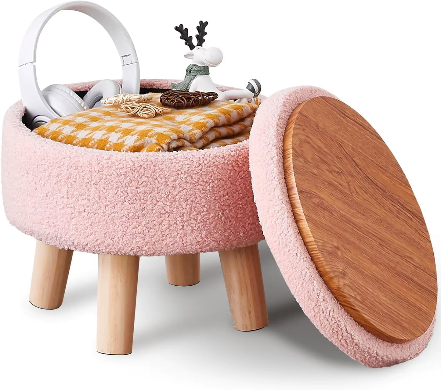Storage Ottoman, Modern round Footrest with Soft Padded Seat, Teddy Velvet Footstool with Wood Legs
