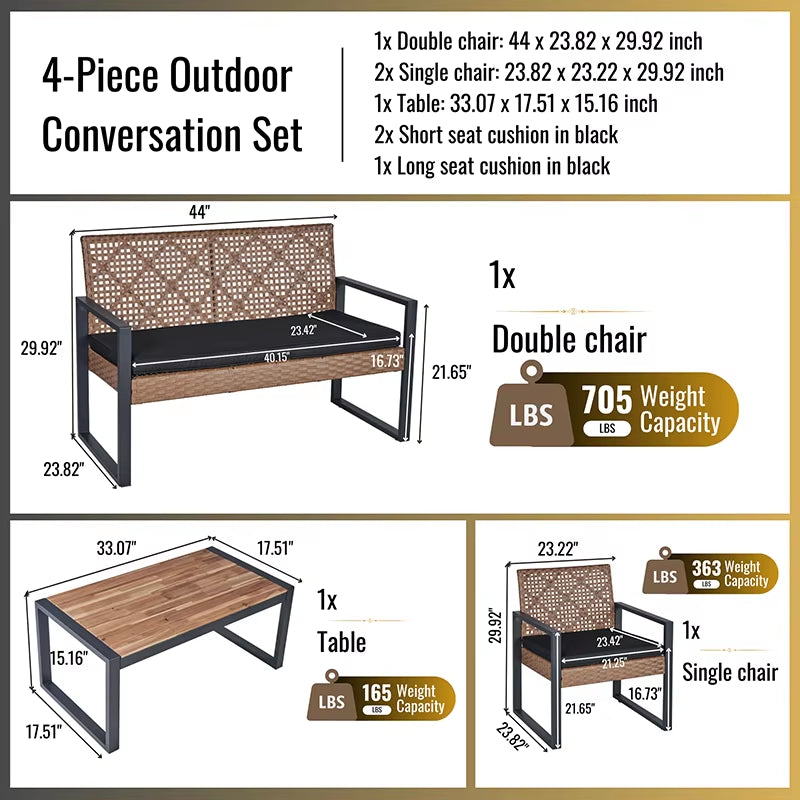4-Piece Patio Furniture Set Outdoor Balcony Porch Garden Backyard Lawn Furniture Acacia Wood Table Top