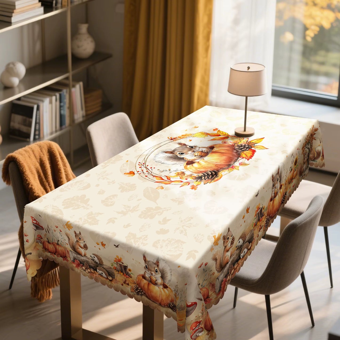 Gnizama Autumn Decoration Fall Thanksgiving Rectangular round Tablecloth, Squirrel Pumpkin Maple Leaf Pattern Design,