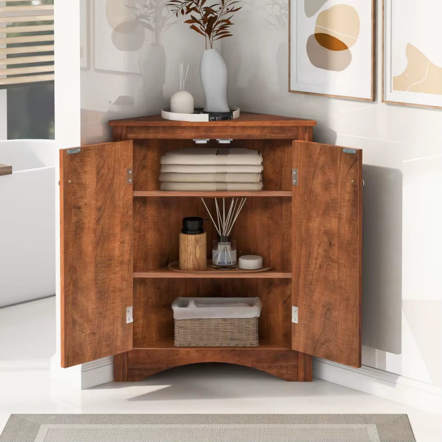 Brown Triangle Bathroom Storage Cabinet with Adjustable Shelves Freestanding Floor Cabinet for Home Kitchen