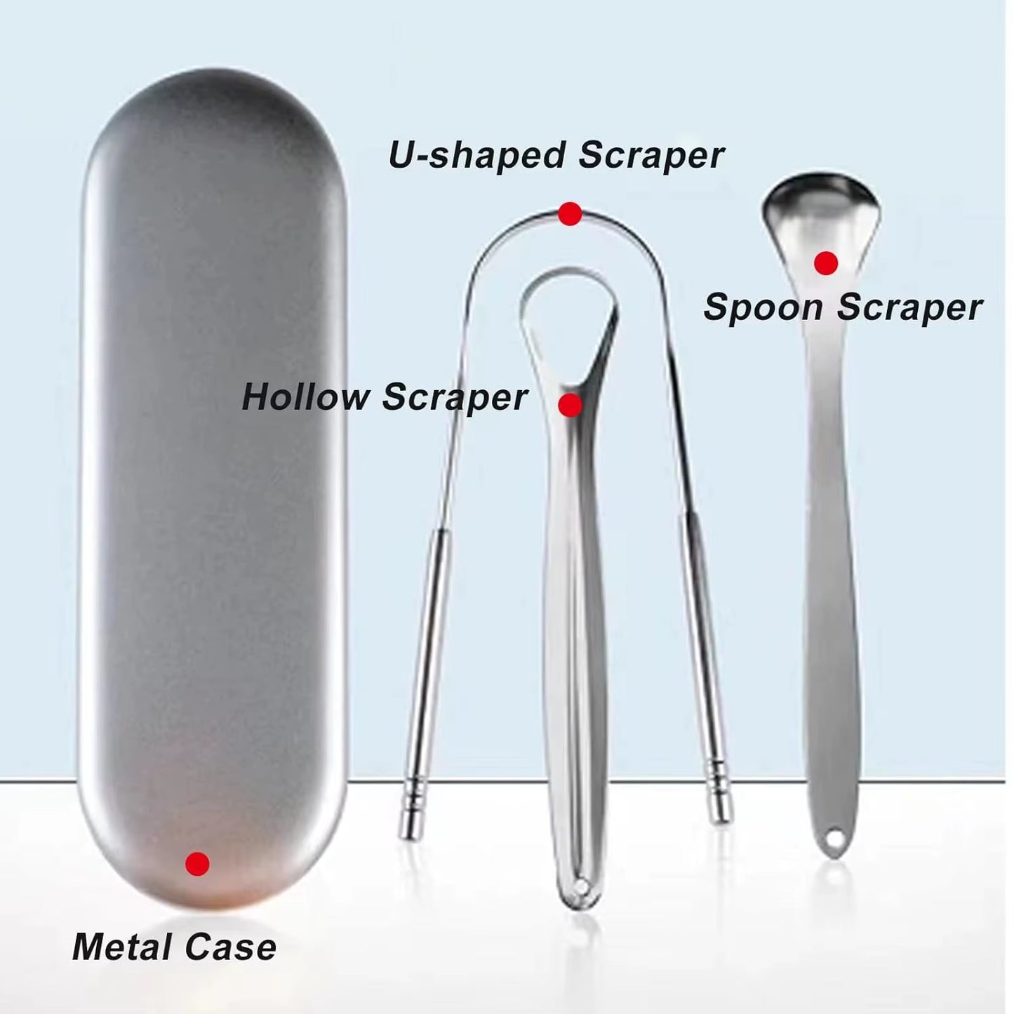 3/4PCS Tongue Scraper for Adults with U-Shaped Hollowed-Out Spooned Stainless Steel Tongue Cleaner with Metal Travel Case Bad