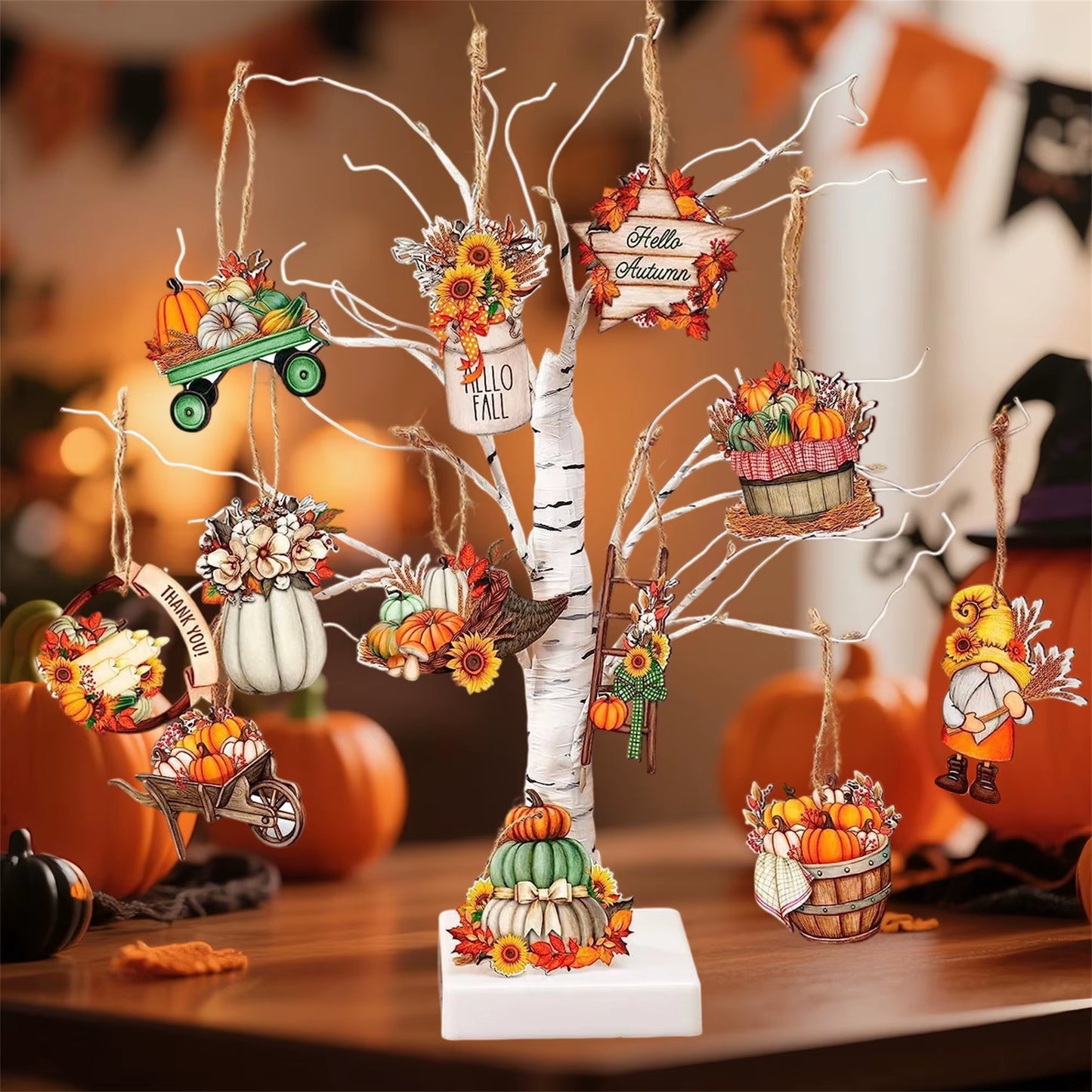 Thanksgiving Harvest Decor Set with Gnome Pumpkin Leaves - Wooden Hanging Ornaments for Autumn Home Party Wall Display