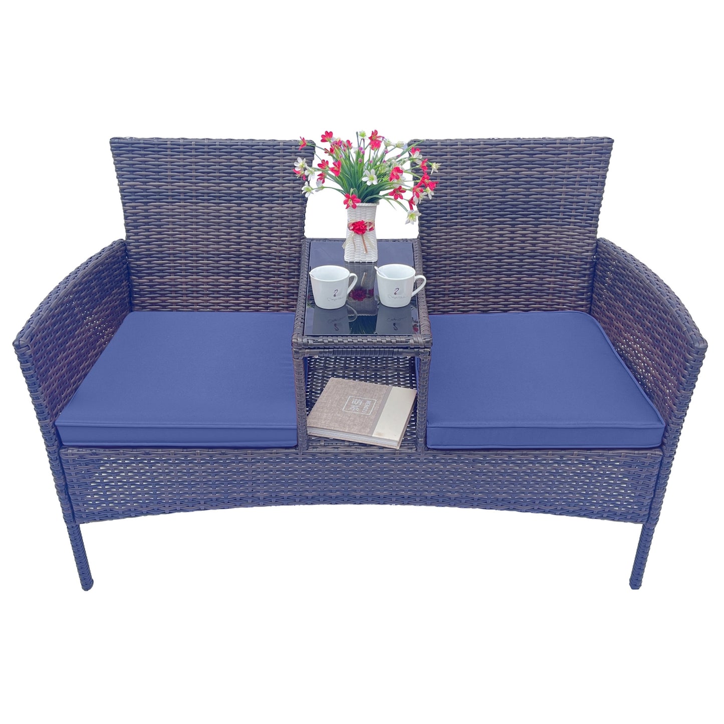 Wicker Patio Conversation Furniture Set, Outdoor Furniture Set with Removable Cushions & Table, Temp