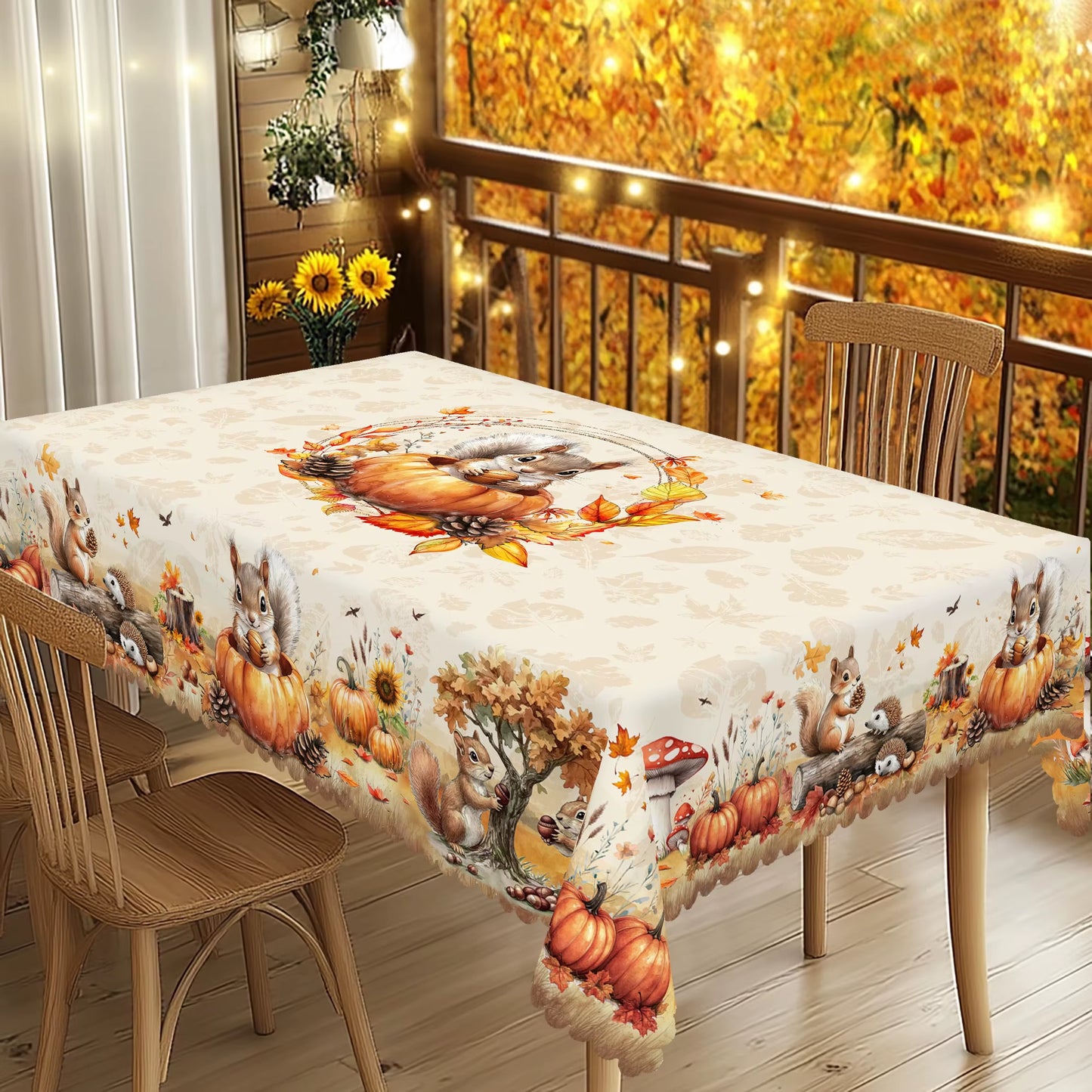 Gnizama Autumn Decoration Fall Thanksgiving Rectangular round Tablecloth, Squirrel Pumpkin Maple Leaf Pattern Design,