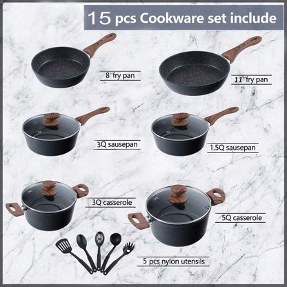 15 Piece Hammered Cookware Set Nonstick Granite Coated Pots and Pans Set