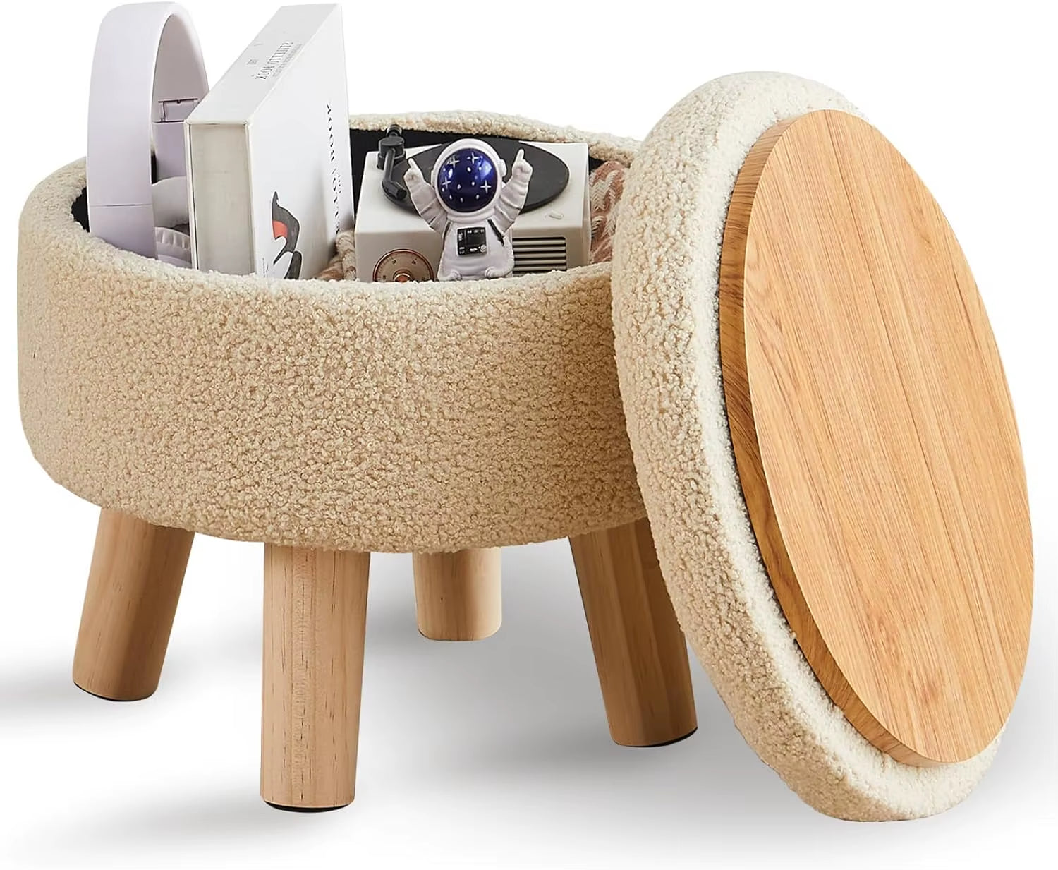 Storage Ottoman, Modern round Footrest with Soft Padded Seat, Teddy Velvet Footstool with Wood Legs