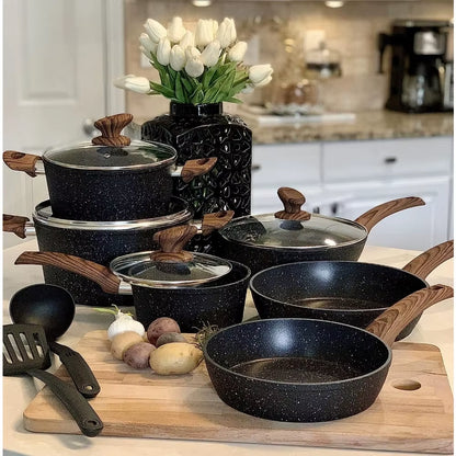 12 Pieces Kitchen Pots & Pans Set Nonstick Cookware Set Granite Coated W/ Lid