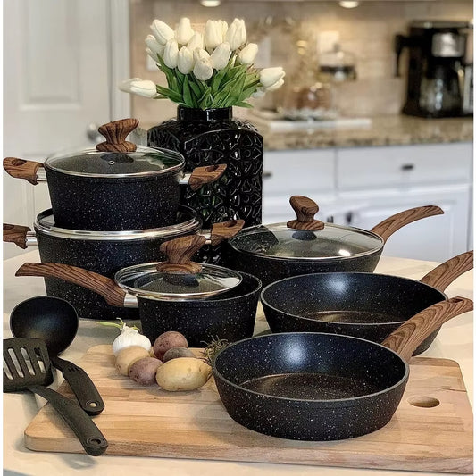 12 Pieces Kitchen Pots & Pans Set Nonstick Cookware Set Granite Coated W/ Lid