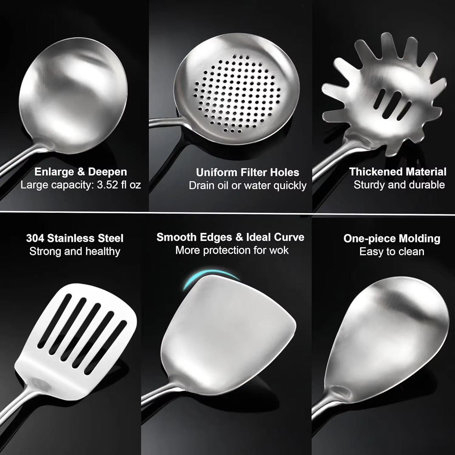 304 Stainless Steel Kitchen Utensils Set with Wooden Handle for Cooking 9 PCS with Solid Spoon, Slotted Spoon, Fork, Spatula