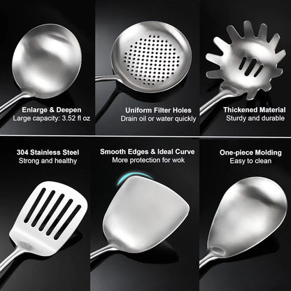 304 Stainless Steel Kitchen Utensils Set with Wooden Handle for Cooking 9 PCS with Solid Spoon, Slotted Spoon, Fork, Spatula