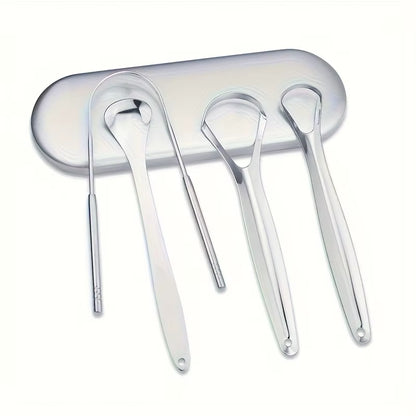 3/4PCS Tongue Scraper for Adults with U-Shaped Hollowed-Out Spooned Stainless Steel Tongue Cleaner with Metal Travel Case Bad
