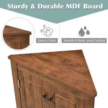 Brown Triangle Bathroom Storage Cabinet with Adjustable Shelves Freestanding Floor Cabinet for Home Kitchen