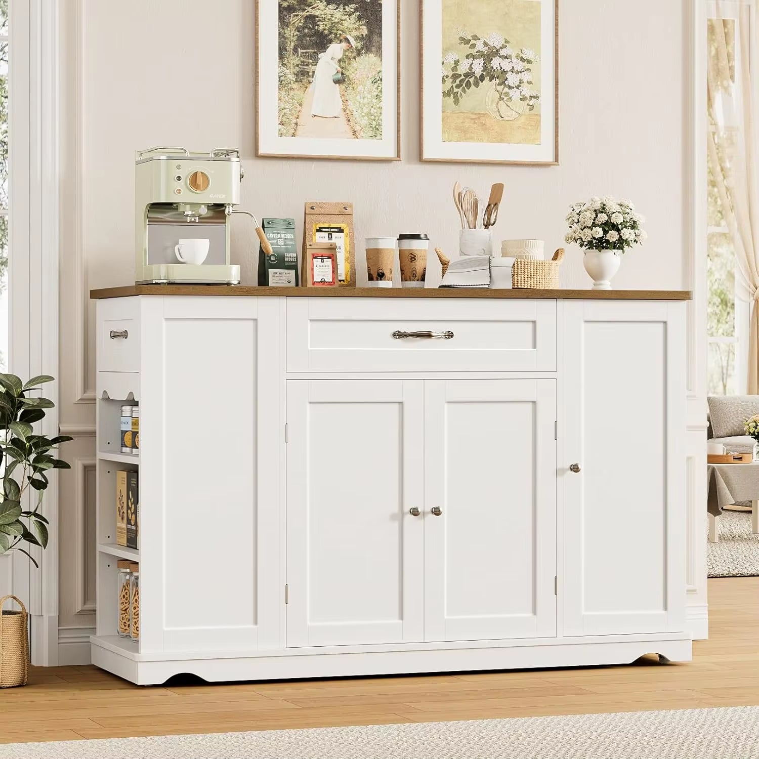 47" White Kitchen Island Cart on Wheels W/ 2 Drawers & Adjustable Shelves - Mobile Storage Cart, Buffet Cabinet for Dining Room