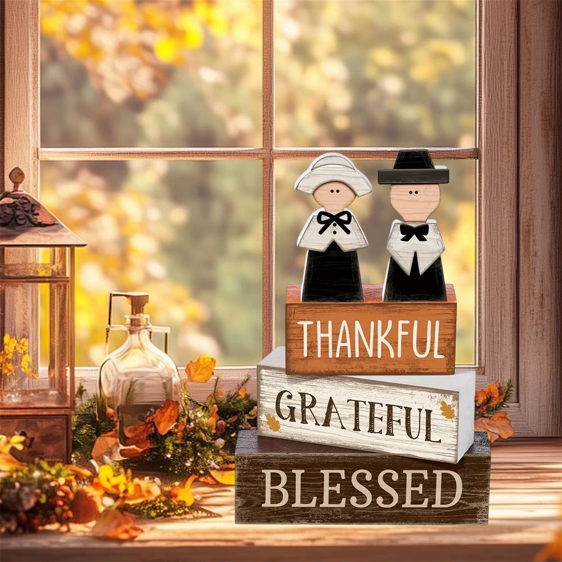 Thanksgiving Harvest Wooden Pumpkin Table Centerpiece Rustic Fall Decorative Desk Ornament Set of 3 Pieces