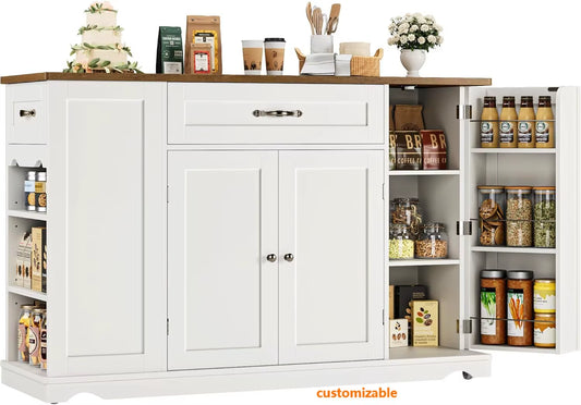 47" White Kitchen Island Cart on Wheels W/ 2 Drawers & Adjustable Shelves - Mobile Storage Cart, Buffet Cabinet for Dining Room