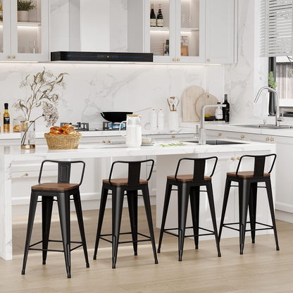 24 Inch Bar Stools Set of 4 Industrial Metal Barstools Counter Height Bar Stool with Backs for Home Kitchen (24 Inch, Black)