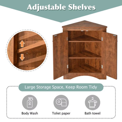 Brown Triangle Bathroom Storage Cabinet with Adjustable Shelves Freestanding Floor Cabinet for Home Kitchen