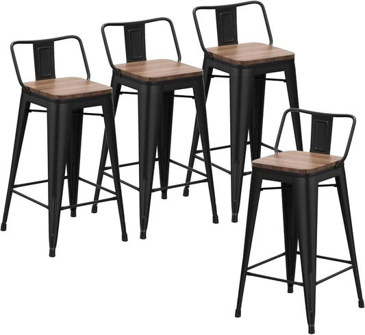 24 Inch Bar Stools Set of 4 Industrial Metal Barstools Counter Height Bar Stool with Backs for Home Kitchen (24 Inch, Black)