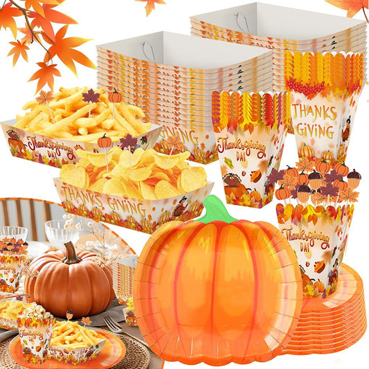 134 Pcs Thanksgiving Party Tableware Set Include Pumpkin Paper Plates Popcorn Boxes Food Trays with Fall Cocktail Picks Disposable Fall Harvest Dinnerware Set for Autumn Holiday Thanksgiving