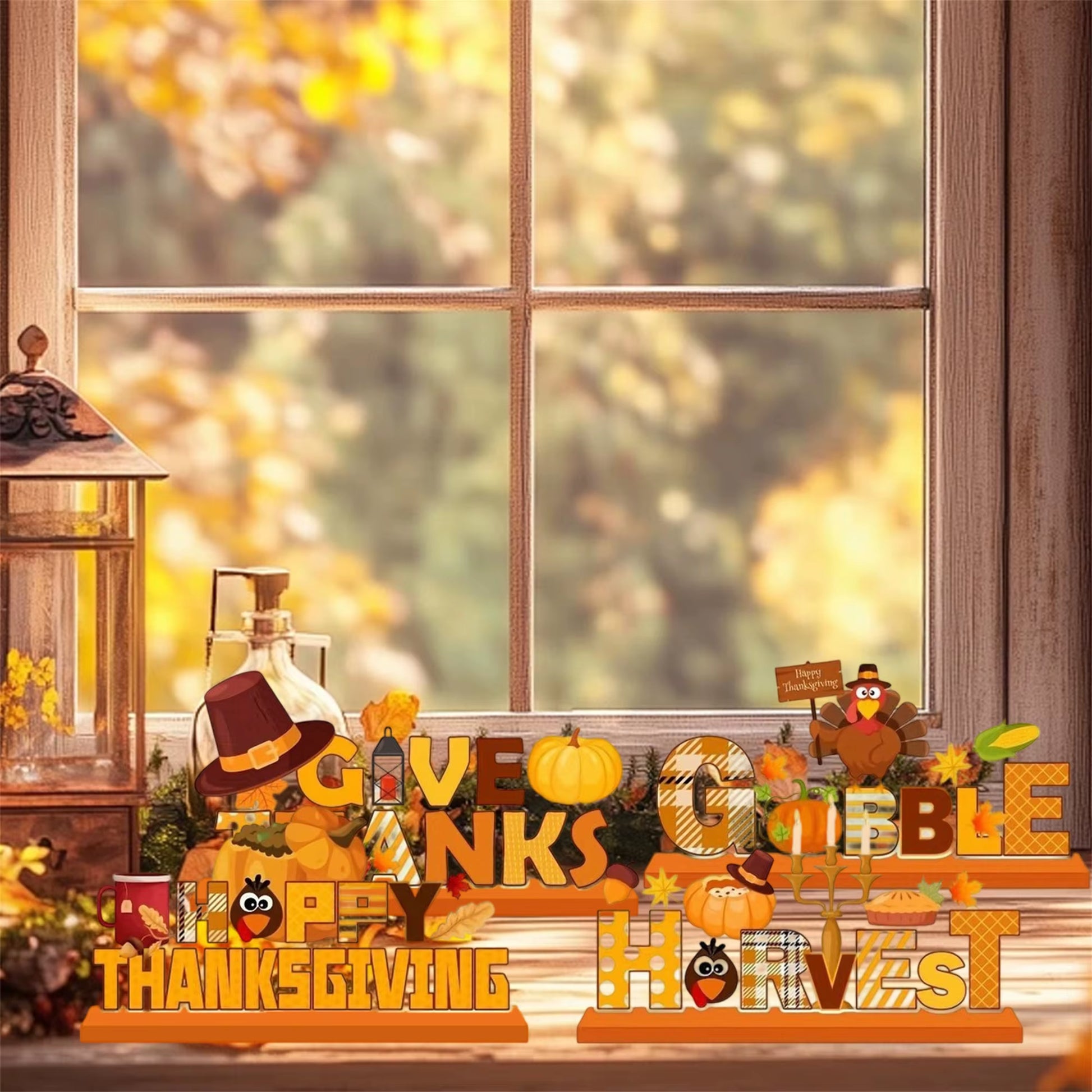 Harvest Pumpkin Centerpiece Fall Table Decor Autumn Thanksgiving Decoration Wooden Desk Ornament Turkey Letters