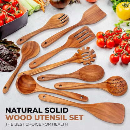 Wooden Kitchen Utensils Set, Smooth Finished Wooden Spoons for Cooking, Natural Teak Cooking Utensils Set for Nonstick Pans