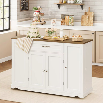 47" White Kitchen Island Cart on Wheels W/ 2 Drawers & Adjustable Shelves - Mobile Storage Cart, Buffet Cabinet for Dining Room