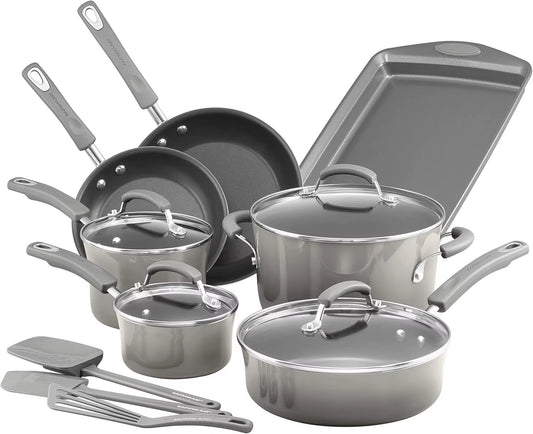 Brights Nonstick Cookware Pots and Pans Set, 14 Piece, Sea Salt Gray