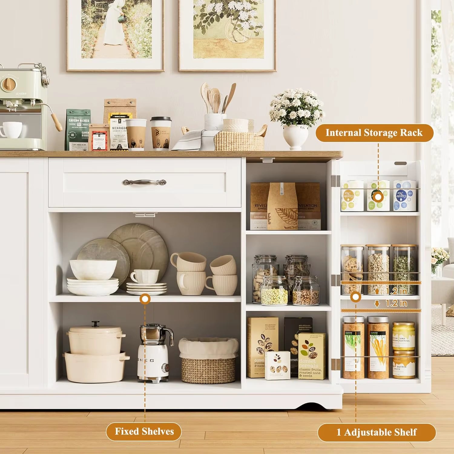 47" White Kitchen Island Cart on Wheels W/ 2 Drawers & Adjustable Shelves - Mobile Storage Cart, Buffet Cabinet for Dining Room