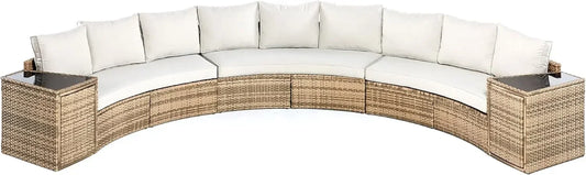 Patio Furniture Sets, Sectional round Sofa Set, Outdoor Patio Furniture Cushions & Wedge Table for Beach, Pool, Balcony, Beige