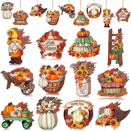 Thanksgiving Harvest Decor Set with Gnome Pumpkin Leaves - Wooden Hanging Ornaments for Autumn Home Party Wall Display