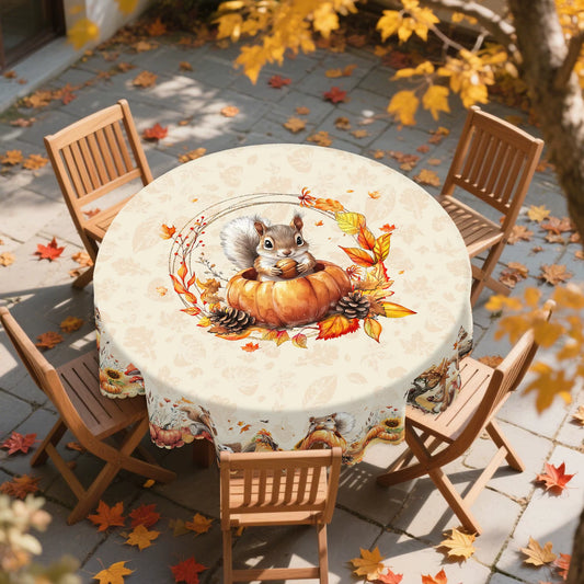 Gnizama Autumn Decoration Fall Thanksgiving Rectangular round Tablecloth, Squirrel Pumpkin Maple Leaf Pattern Design,