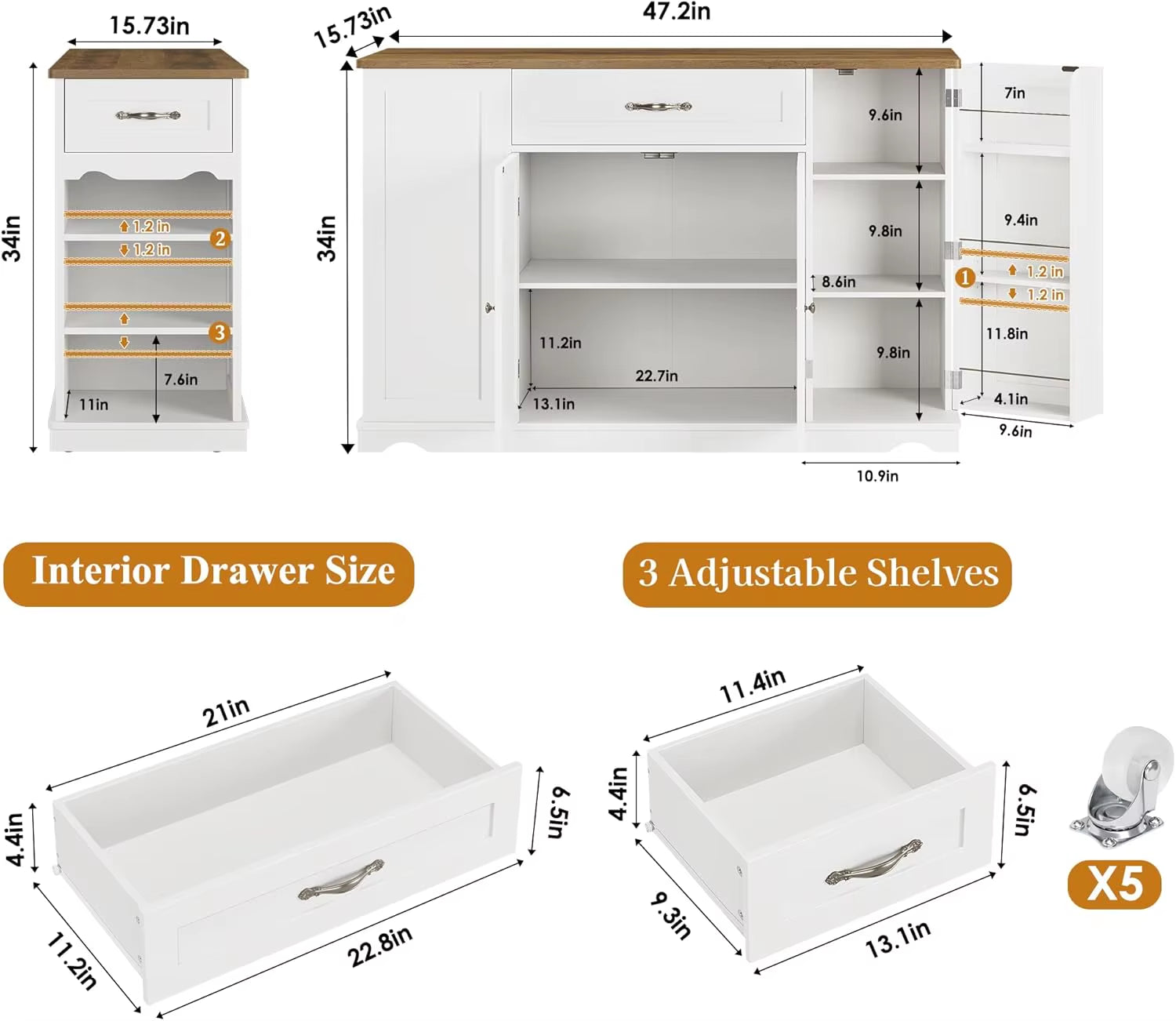 47" White Kitchen Island Cart on Wheels W/ 2 Drawers & Adjustable Shelves - Mobile Storage Cart, Buffet Cabinet for Dining Room