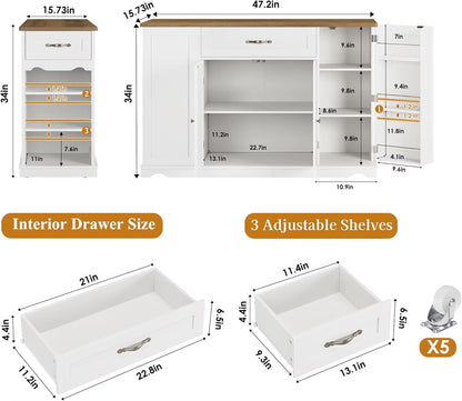 47" White Kitchen Island Cart on Wheels W/ 2 Drawers & Adjustable Shelves - Mobile Storage Cart, Buffet Cabinet for Dining Room