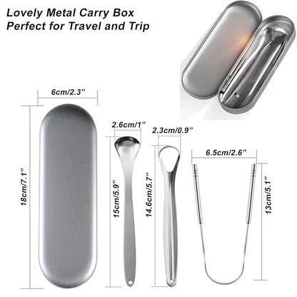 3/4PCS Tongue Scraper for Adults with U-Shaped Hollowed-Out Spooned Stainless Steel Tongue Cleaner with Metal Travel Case Bad