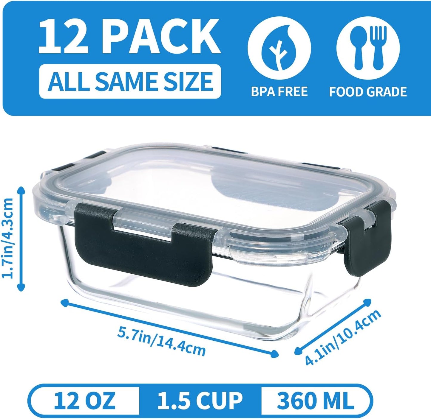 24-Piece Small Glass Food Storage Containers with Lids Airtight, 1.5 Cup Meal Prep Containers Set, Microwave&Dishwasher Safe, Leak-Proof, Bpa-Free, Grey