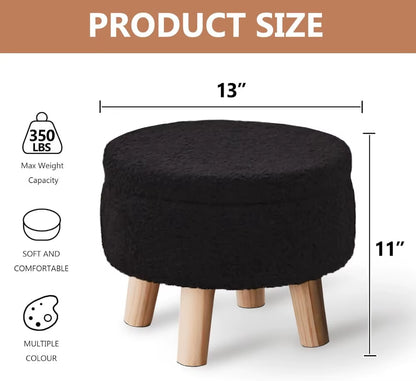 Storage Ottoman, Modern round Footrest with Soft Padded Seat, Teddy Velvet Footstool with Wood Legs