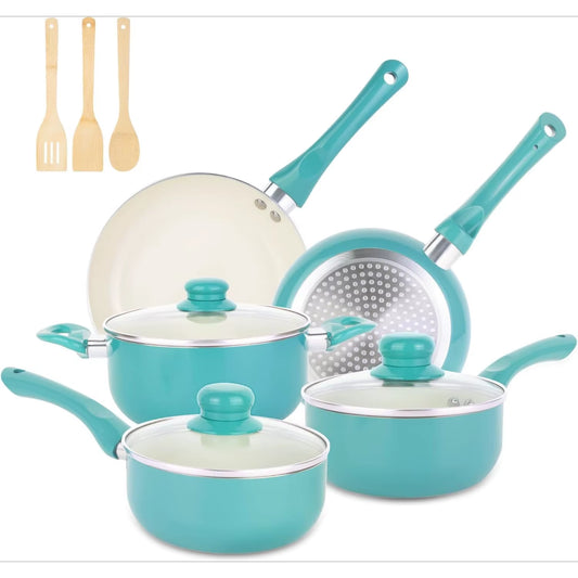 11 Piece Kitchen Non Stick Cookware Set with Electromagnetic, Ceramic, Insulated Handle, 100% PFOA Free, Turquoise Color