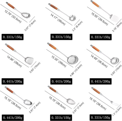 304 Stainless Steel Kitchen Utensils Set with Wooden Handle for Cooking 9 PCS with Solid Spoon, Slotted Spoon, Fork, Spatula