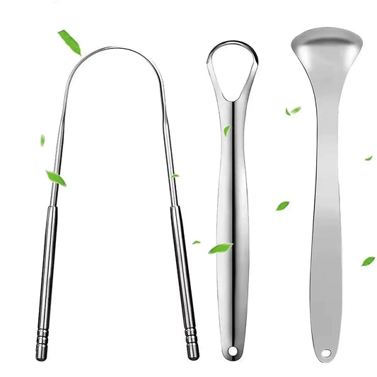 3/4PCS Tongue Scraper for Adults with U-Shaped Hollowed-Out Spooned Stainless Steel Tongue Cleaner with Metal Travel Case Bad