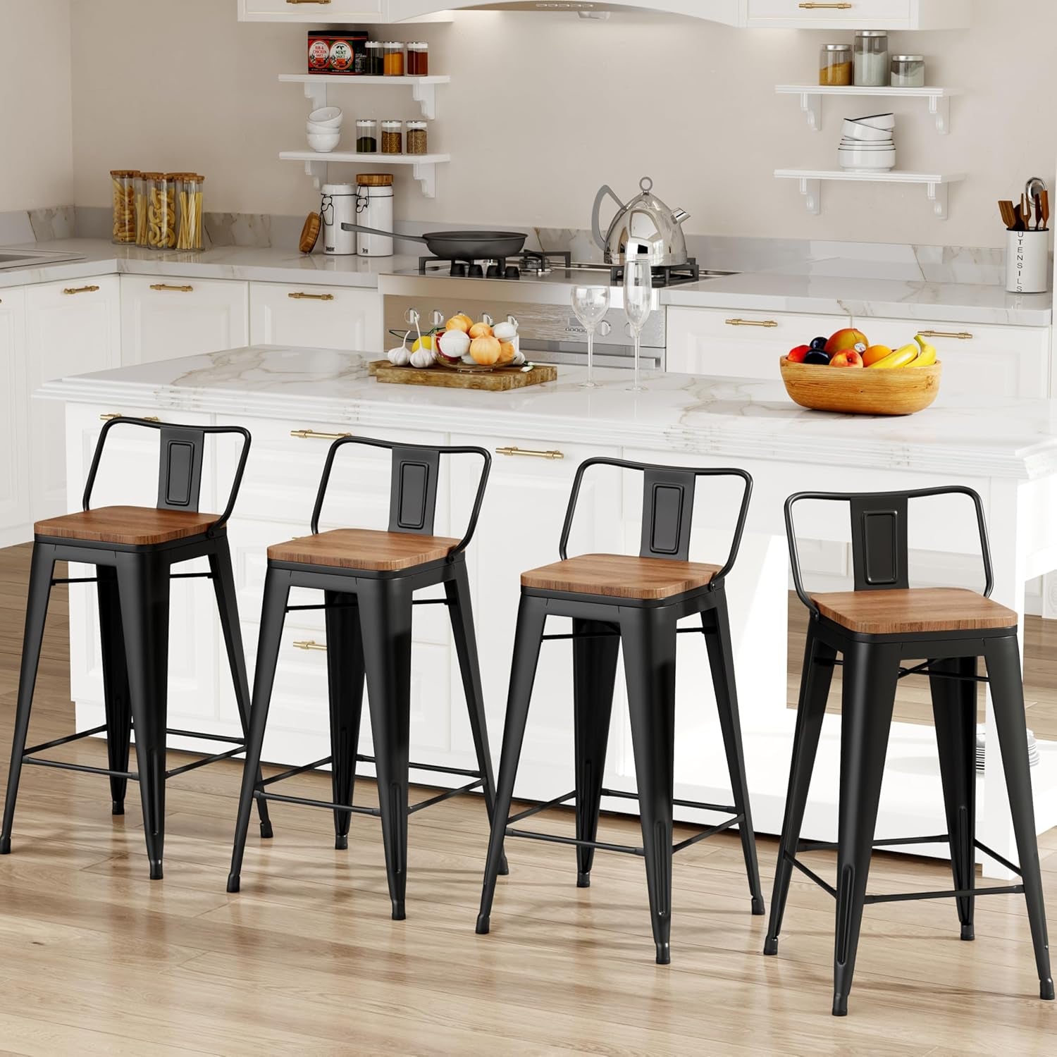 24 Inch Bar Stools Set of 4 Industrial Metal Barstools Counter Height Bar Stool with Backs for Home Kitchen (24 Inch, Black)