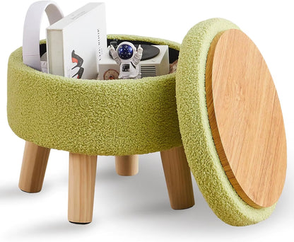 Storage Ottoman, Modern round Footrest with Soft Padded Seat, Teddy Velvet Footstool with Wood Legs