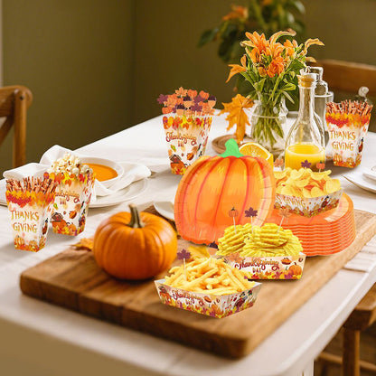 134 Pcs Thanksgiving Party Tableware Set Include Pumpkin Paper Plates Popcorn Boxes Food Trays with Fall Cocktail Picks Disposable Fall Harvest Dinnerware Set for Autumn Holiday Thanksgiving